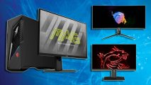 MSI QD-OLED gaming monitor leak: several MSI monitors and a MSI gaming PC appear against a swirling, blue background.