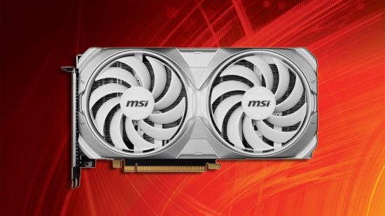 MSI GeForce RTX 4070 Ti Ventus 2X White: a white GPU appears in front of a red and orange background.
