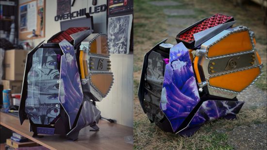 An image of a custom built Naruto themed PC from two different angles