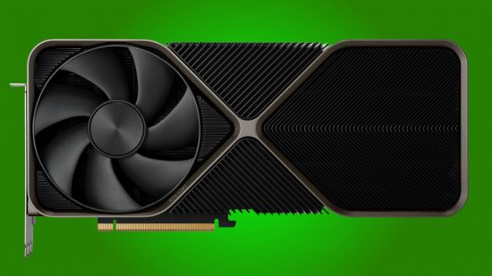An Nvidia GeForce RTX 40 series graphics card against a green background