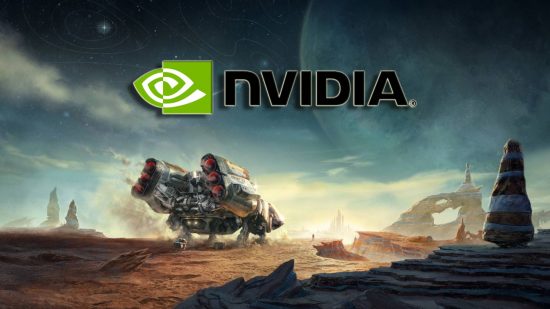 Nvidia Starfield DLSS support: a spaceship stands on a rocky surface with the Nvidia logo floating above.