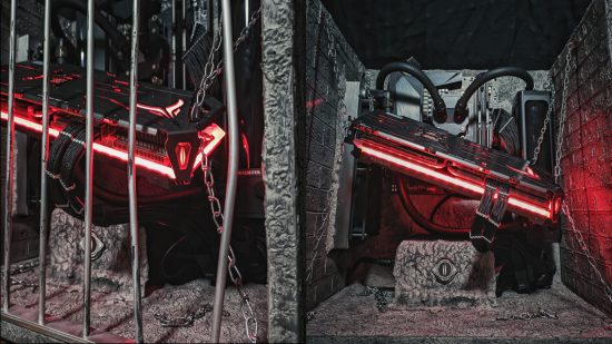A side by side image of the Omen PC build, one with the prison bars attached, and one with them removed