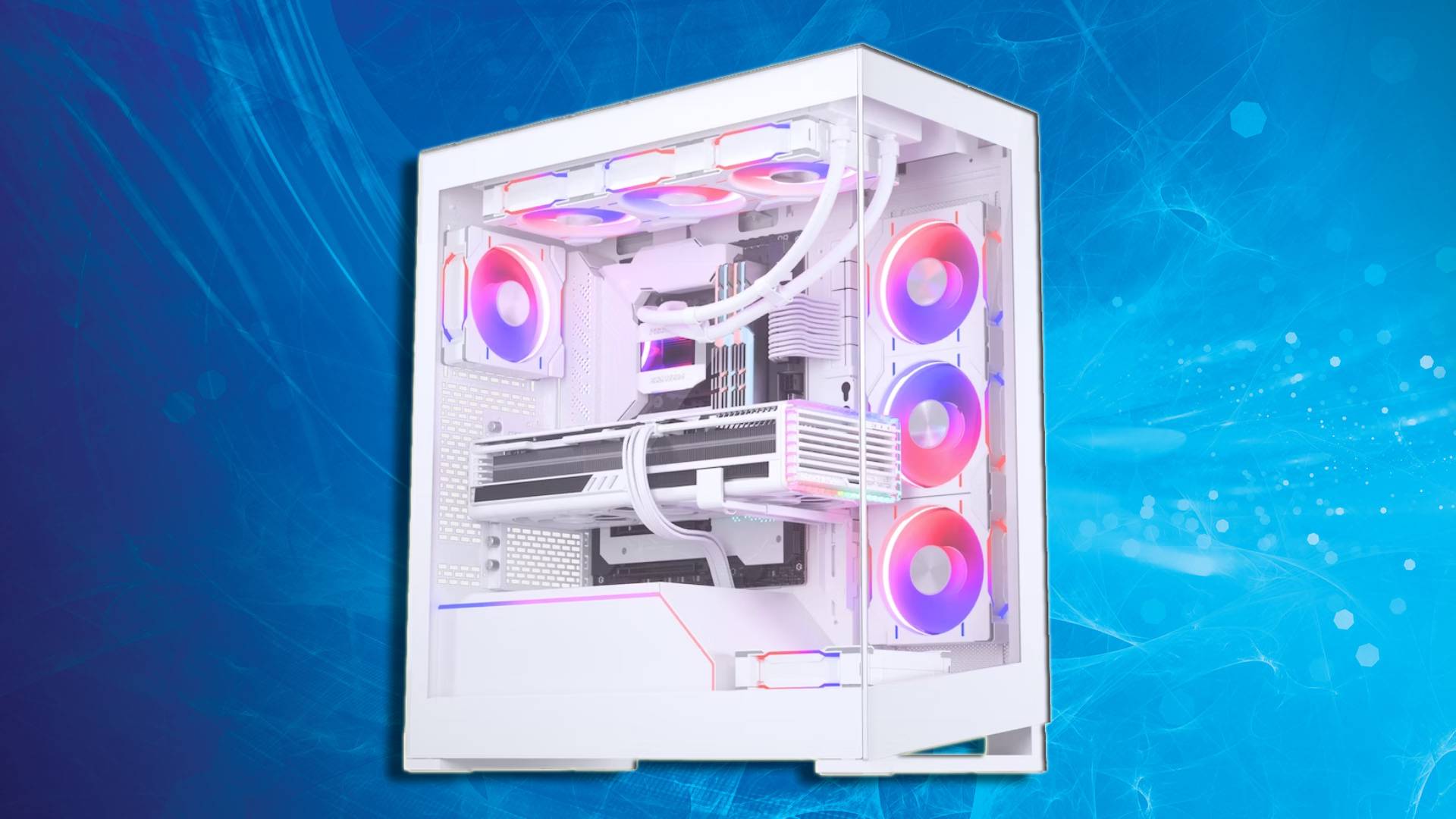 Phanteks NV5 case: a white PC case with RGB components appears against a blue background.
