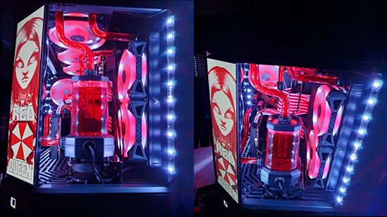 two photos of the red queen PC build that showcase the internal lighting and component layout