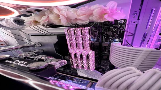 A close up look inside the Sakura PC build, showcasing the RGB RAM and tidy cabling work.