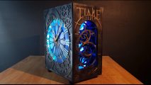 Time Keeper Case Mod - an image of the final product uncluding a lit up working clock and the side panel of the PC