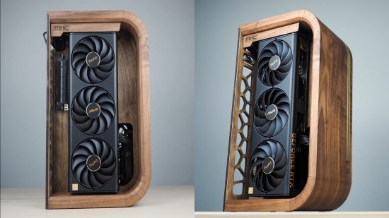 A side by side image looking into the walnut and brass wooden PC build