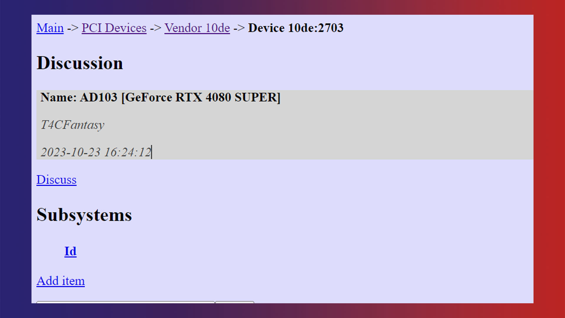 Nvidia GeForce RTX 4080 Super AD103 GPU PCI ID