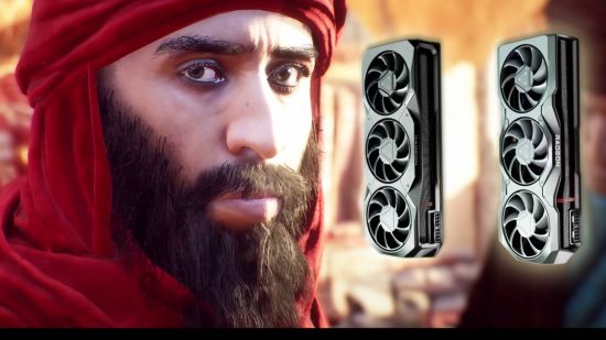 AMD Radeon Driver 23.10.1 CS2 Assassin's Creed Mirage: a man with a red head scarf looks to the camera with two AMD Radeon GPUs floating next to him.