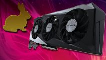 AMD Radeon RX 6750 GRE Gigabyte: a Gigabyte graphics card appears next to a golden rabbit silhouette against a magenta background.