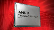 An AMD Ryzen Threadripper CPU against a red background