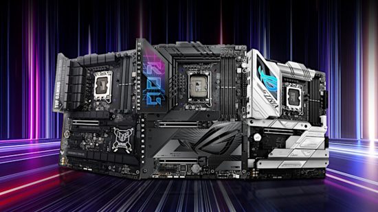 Three ASUS Z790 motherboards standing upright against a background filled with streaks of multicolored light