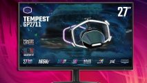 Cooler Master Tempest GP27 gaming monitor: a monitor appears in front of a swirling purple background.