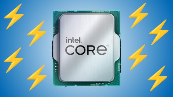 An Intel 14th Gen CPU surrounded by lightning bolts, against a two-tone blue background