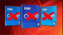 Intel 14th gen Core brand Ultra: three Intel Core logos appear with a red cross over them.