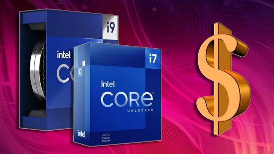 An Intel Core i7 and i9 box appear next to a large dollar sign on a magenta backdrop.