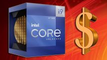 Intel 14th gen price leak: an Intel Core i9 CPU box appears next to a dollar sign above a red background.