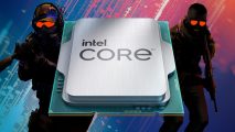 Intel Core i9 14900KF processor (centre) surrounded by Counter-Strike 2 player model renders (left and right) against a red-blue background