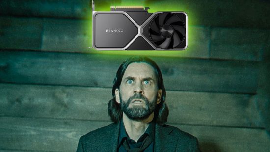 Nvidia GeForce RTX 4000-series GPUs Alan Wake 2 promotion: a man with long, dark hair parted in the center looks behind the camera with a menacing expression.
