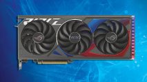 Asus ROG Nvidia GeForce RTX 4060 Amazon deal: a GPU appears in front of a swirling, blue background.