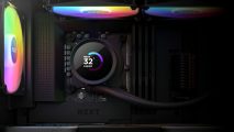 NZXT Kraken AIO cooler sale: An NZXT Kraken 280 AIO cooler in a PC - the LCD display shows the CPU is sitting at 32 degrees c