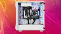 An image of the REV300 White Edition PC case, on a pink, orange and yellow background.
