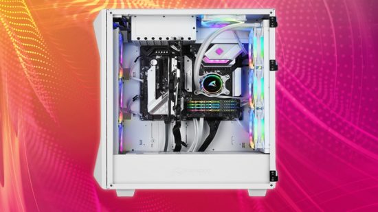 An image of the REV300 White Edition PC case, on a pink, orange and yellow background.