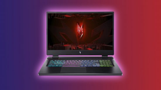 Image of the Acer Nitro 17 gaming laptop, on a purple and red background.