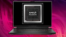 AMD Radeon RX 7900M laptop GPU benchmark: an Alienware laptop with an AMD chip on-screen appears in front of a magenta background.