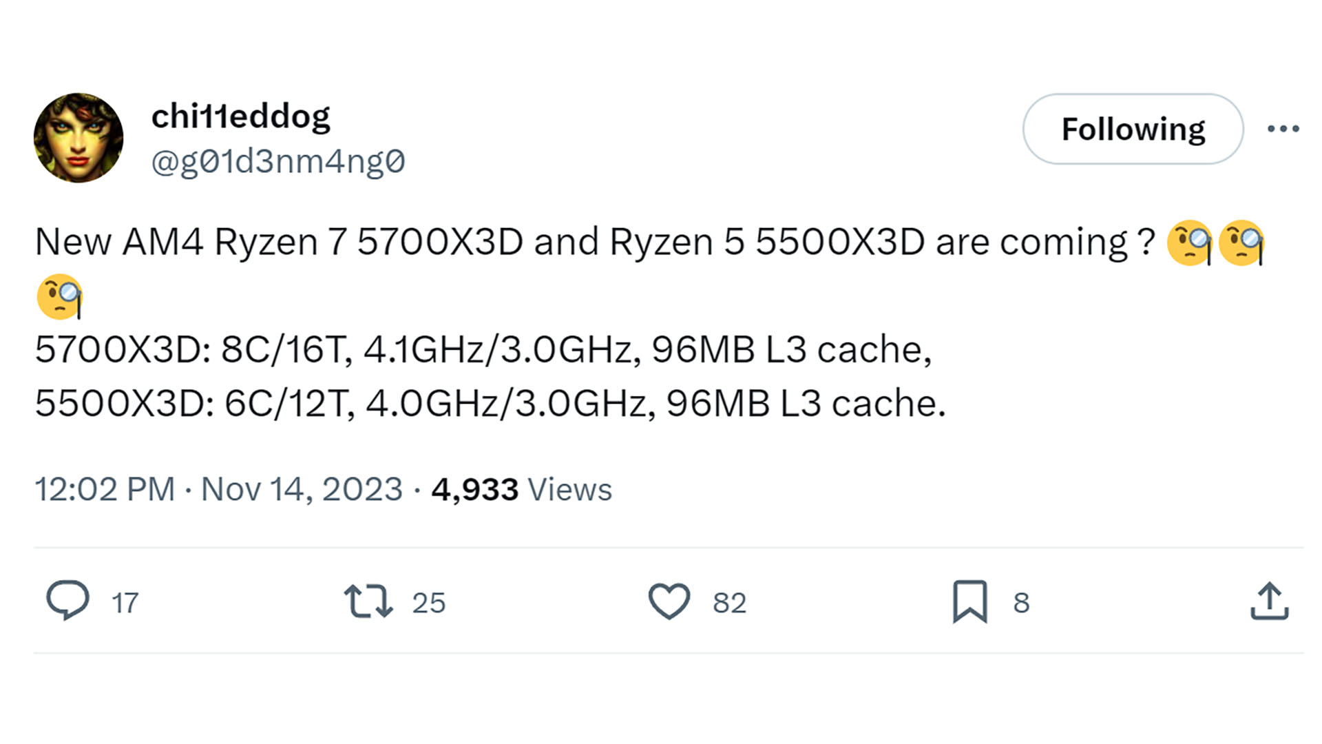 AMD Ryzen 7 5700X3D and Ryzen 5 5600X3D specs tweet