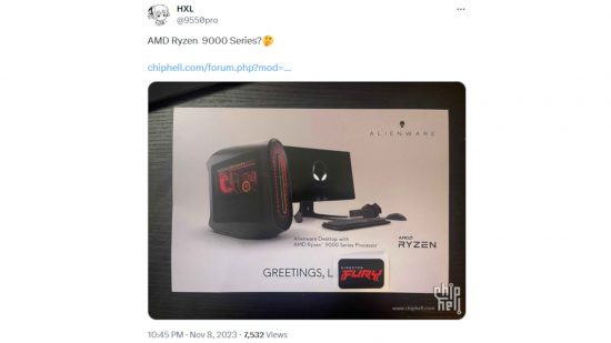 A screenshot from X (Twitter), showcasing some Alienware marketing materials which contain references to the AMD Ryzen 9000 series