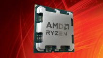 An AMD Ryzen CPU against a red background