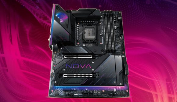 ASRock Phantom Gaming Z790 Nova WiFi reveal: a black and purple motherboard with the text 'NOVA' on it appears against a magenta background.