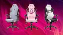 Best Secretlab Black Friday deals: three gaming chairs appear against a magenta background.