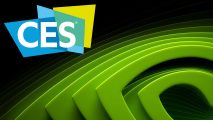 The Nvidia logo (bottom right) next to the CES logo (top left) against a black background