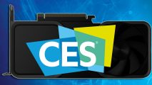 Nvidia GeForce RTX 4000 Super rumor announce CES 2024: a greyed out graphics card with the CES logo emblazoned on it appears in front of a blue background.