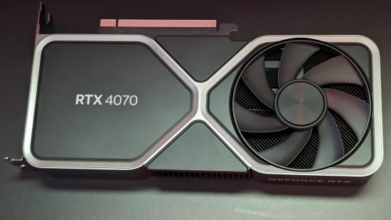 An Nvidia GeForce RTX 4070 Founders Edition graphics card against a black background