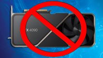 Nvidia GeForce RTX 4090 China ban: an RTX 4090 appears with a red 'forbidden' sign in front of it against a blue background.
