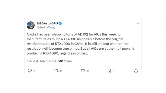 Nvidia GeForce RTX 4090 China ban: a tweet discussing retailers stocking RTX 4090s in China.