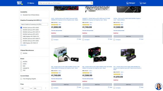 A screenshot of Best Buy's web store, in which GeForce RTX 4090 graphics cards are all out of stock
