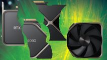 An Nvidia GeForce RTX 4090 divided into four parts, spread across a green nebulous background