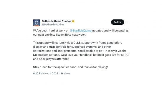 Nvidia DLSS 3 Starfield: a tweet showing Bethesda's update plan for Starfield.